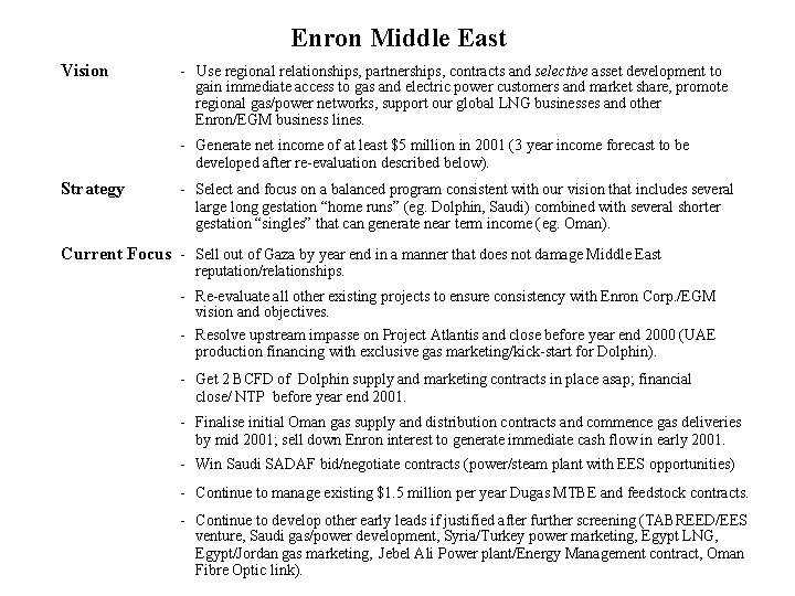 Enron Middle East Vision - Use regional relationships, partnerships, contracts and selective asset development