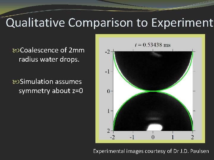 Qualitative Comparison to Experiment Coalescence of 2 mm radius water drops. Simulation assumes symmetry