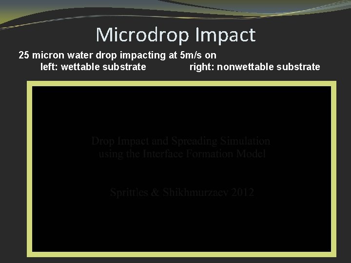 Microdrop Impact 25 micron water drop impacting at 5 m/s on left: wettable substrate