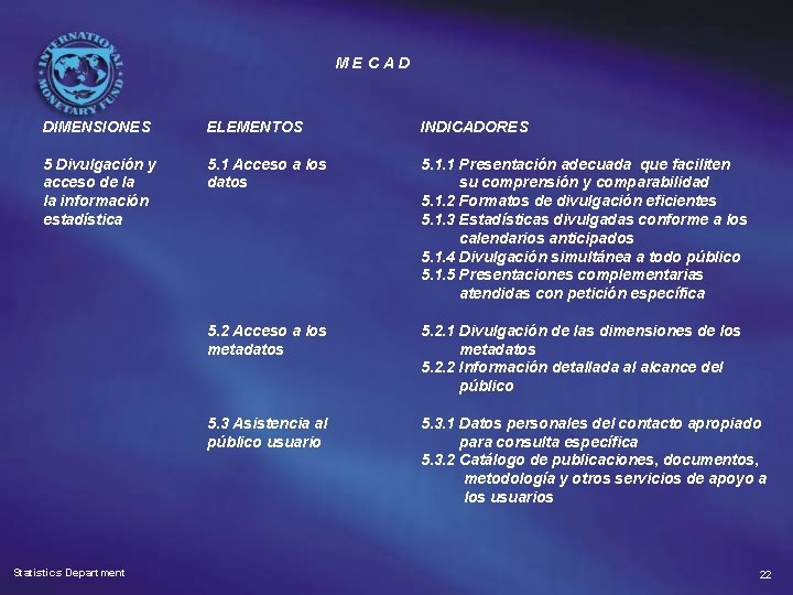 MECAD DIMENSIONES ELEMENTOS INDICADORES 5 Divulgación y acceso de la la información estadística 5.