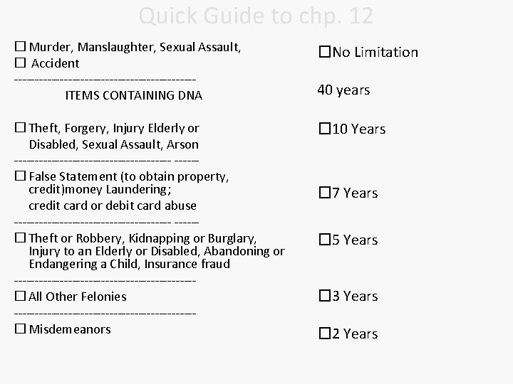 Quick Guide to chp. 12 � Murder, Manslaughter, Sexual Assault, � Accident ----------------------ITEMS CONTAINING