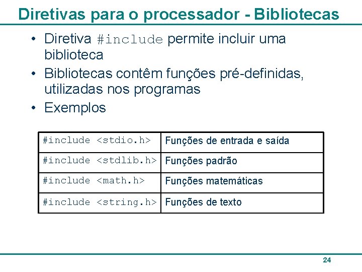 Diretivas para o processador - Bibliotecas • Diretiva #include permite incluir uma biblioteca •