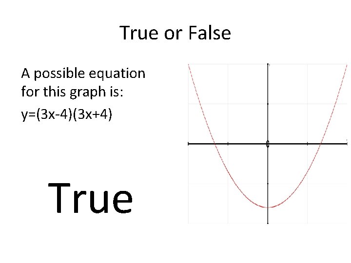 True or False A possible equation for this graph is: y=(3 x-4)(3 x+4) True