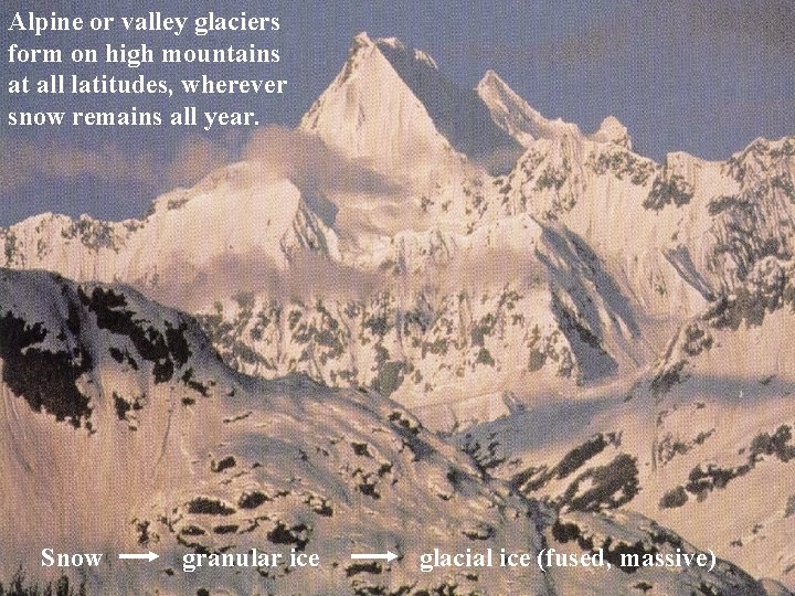 Alpine or valley glaciers form on high mountains at all latitudes, wherever snow remains