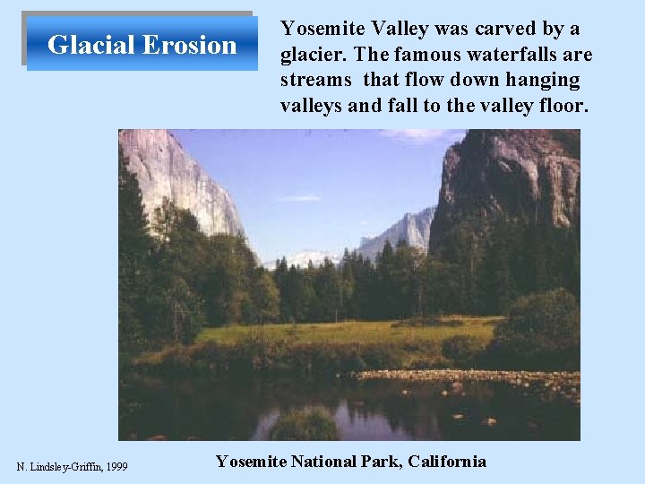 Glacial Erosion N. Lindsley-Griffin, 1999 Yosemite Valley was carved by a glacier. The famous