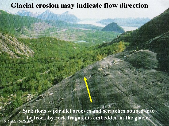 Glacial erosion may indicate flow direction Striations -- parallel grooves and scratches gouged into