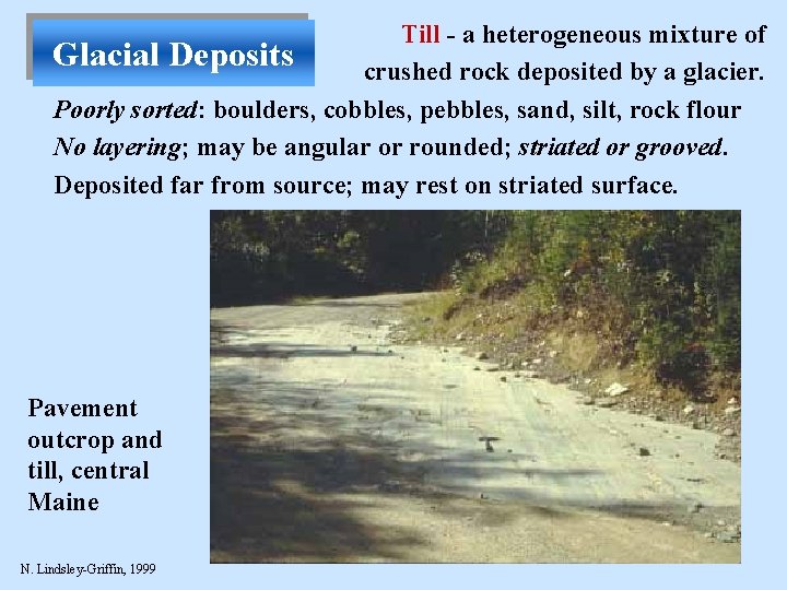 Till - a heterogeneous mixture of Glacial Deposits crushed rock deposited by a glacier.