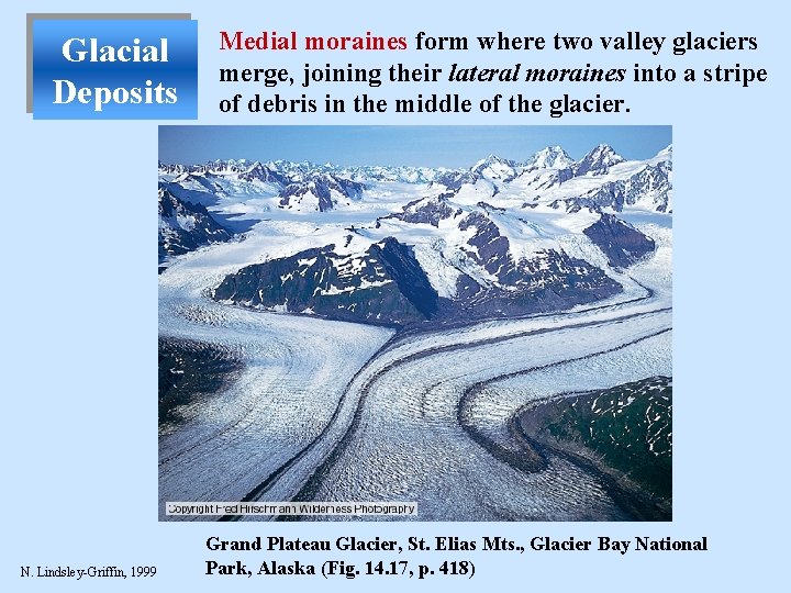 Glacial Deposits N. Lindsley-Griffin, 1999 Medial moraines form where two valley glaciers merge, joining