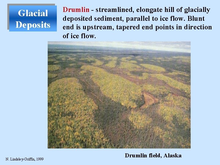 Glacial Deposits N. Lindsley-Griffin, 1999 Drumlin - streamlined, elongate hill of glacially deposited sediment,