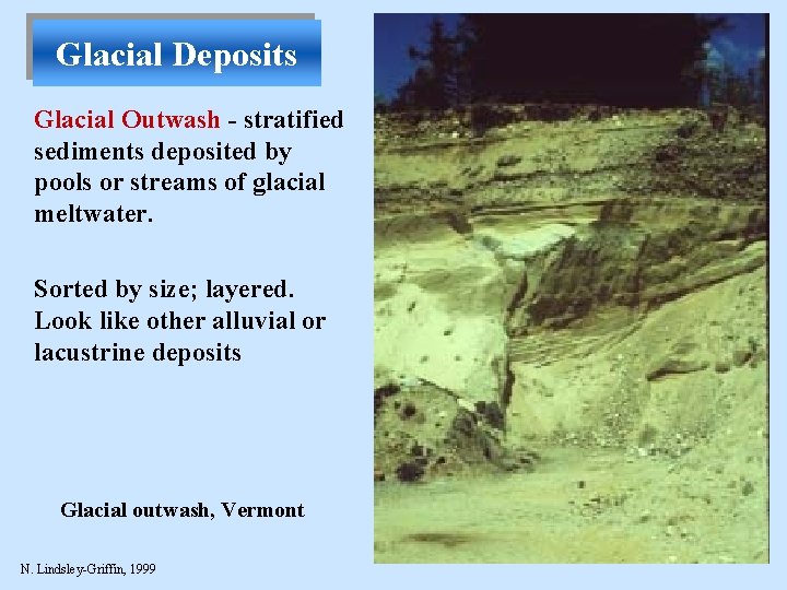 Glacial Deposits Glacial Outwash - stratified sediments deposited by pools or streams of glacial