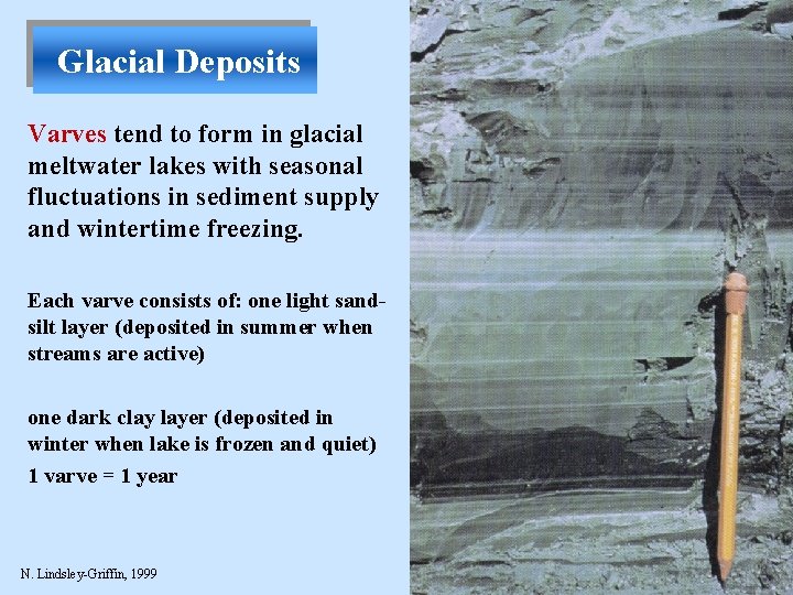 Glacial Deposits Varves tend to form in glacial meltwater lakes with seasonal fluctuations in