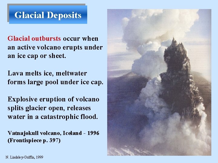 Glacial Deposits Glacial outbursts occur when an active volcano erupts under an ice cap