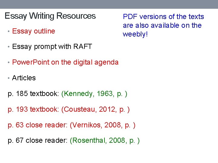 Essay Writing Resources • Essay outline PDF versions of the texts are also available