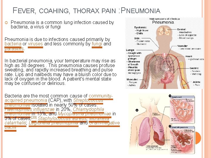 FEVER, COAHING, THORAX PAIN : PNEUMONIA Pneumonia is a common lung infection caused by