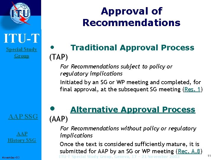Approval of Recommendations ITU-T Special Study Group • Traditional Approval Process (TAP) For Recommendations