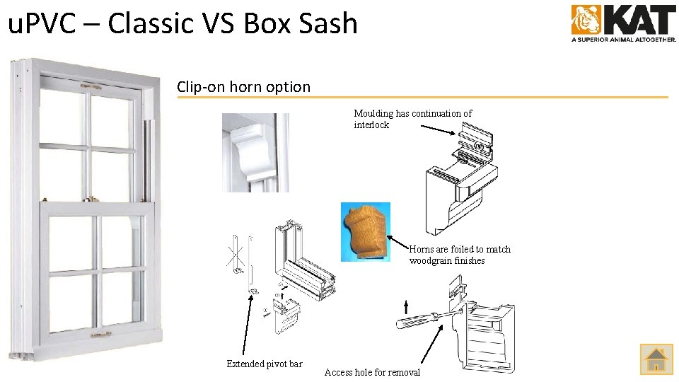 u. PVC – Classic VS Box Sash Clip-on horn option Moulding has continuation of