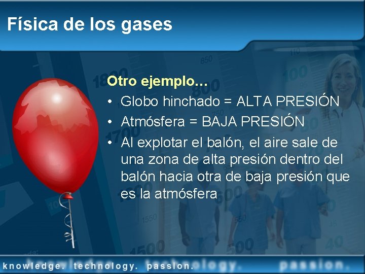 Física de los gases Otro ejemplo… • Globo hinchado = ALTA PRESIÓN • Atmósfera