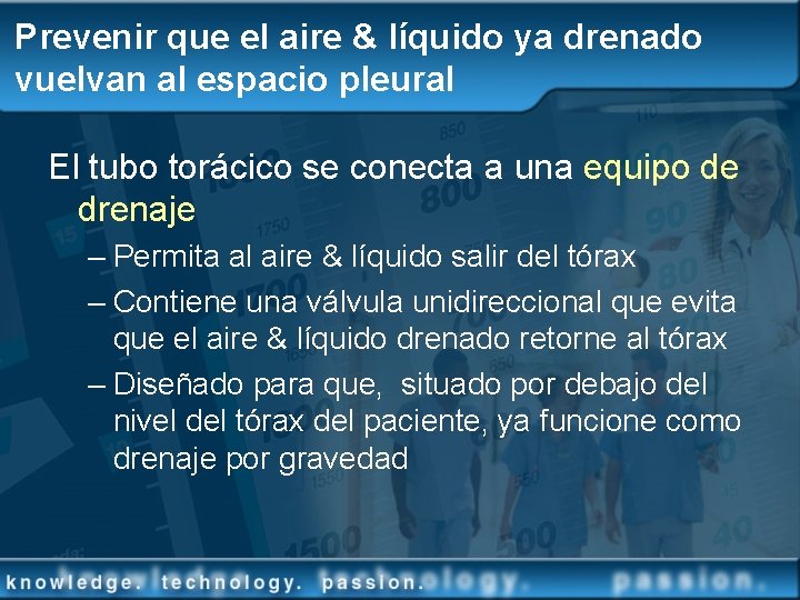 Prevenir que el aire & líquido ya drenado vuelvan al espacio pleural El tubo