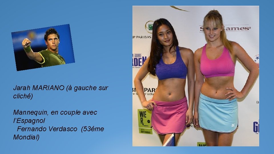 Jarah MARIANO (à gauche sur cliché) Mannequin, en couple avec l’Espagnol Fernando Verdasco (53éme