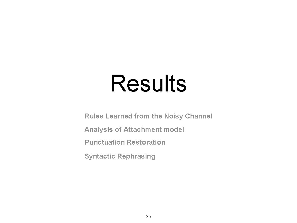 Results Rules Learned from the Noisy Channel Analysis of Attachment model Punctuation Restoration Syntactic Results Rules Learned from the Noisy Channel Analysis of Attachment model Punctuation Restoration Syntactic