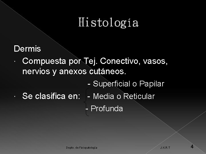 Histología Dermis Compuesta por Tej. Conectivo, vasos, nervios y anexos cutáneos. - Superficial o