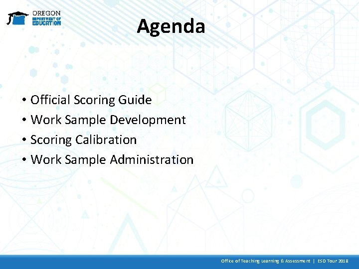 Agenda • Official Scoring Guide • Work Sample Development • Scoring Calibration • Work
