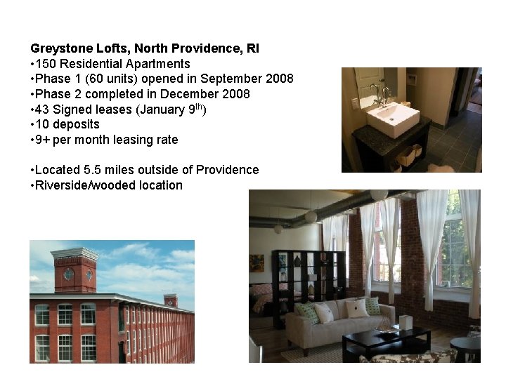 Greystone Lofts, North Providence, RI • 150 Residential Apartments • Phase 1 (60 units)