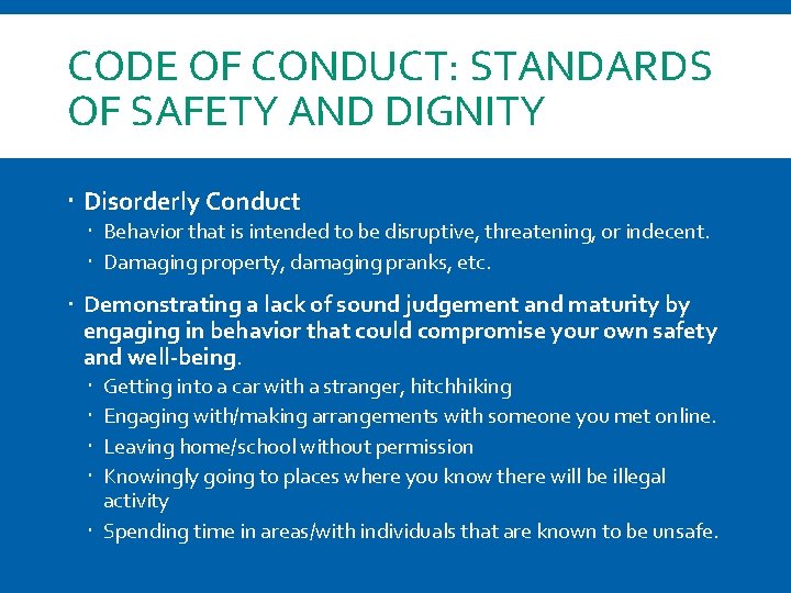 CODE OF CONDUCT: STANDARDS OF SAFETY AND DIGNITY Disorderly Conduct Behavior that is intended