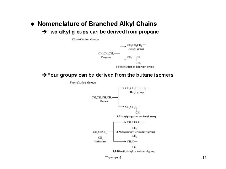 l Nomenclature of Branched Alkyl Chains èTwo alkyl groups can be derived from propane