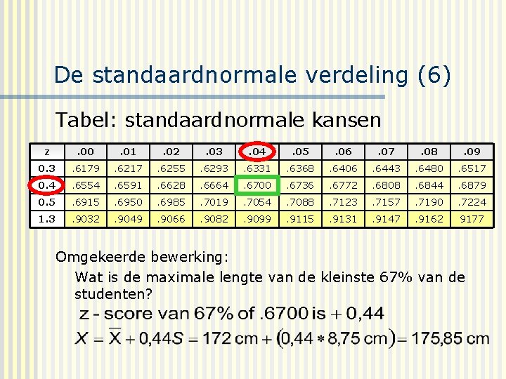 De standaardnormale verdeling (6) Tabel: standaardnormale kansen z . 00 . 01 . 02