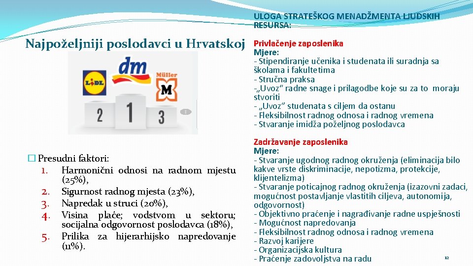 ULOGA STRATEŠKOG MENADŽMENTA LJUDSKIH RESURSA: Najpoželjniji poslodavci u Hrvatskoj � Presudni faktori: 1. Harmonični