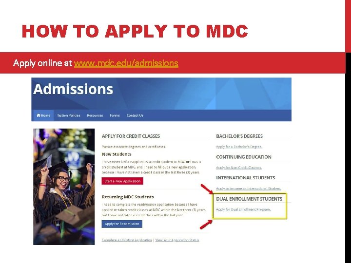 HOW TO APPLY TO MDC Apply online at www. mdc. edu/admissions 