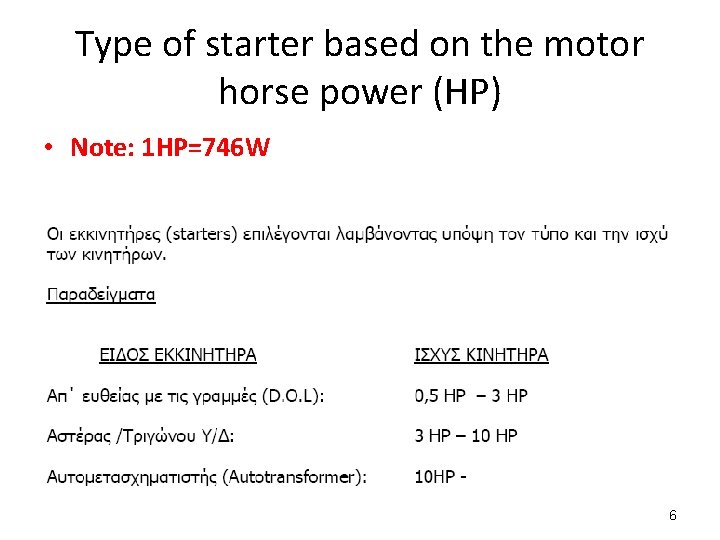 Type of starter based on the motor horse power (HP) • Note: 1 HP=746 Type of starter based on the motor horse power (HP) • Note: 1 HP=746