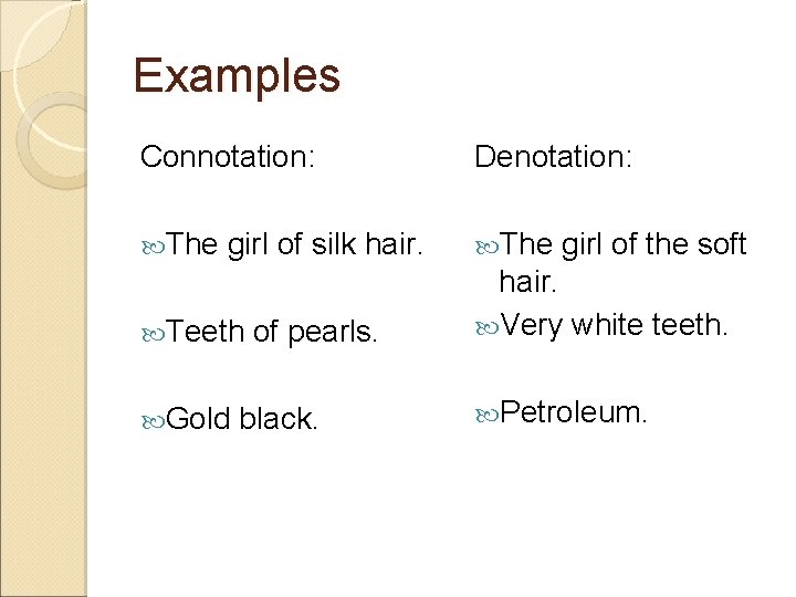 Examples Connotation: Denotation: The girl of silk hair. Teeth Gold of pearls. black. girl Examples Connotation: Denotation: The girl of silk hair. Teeth Gold of pearls. black. girl