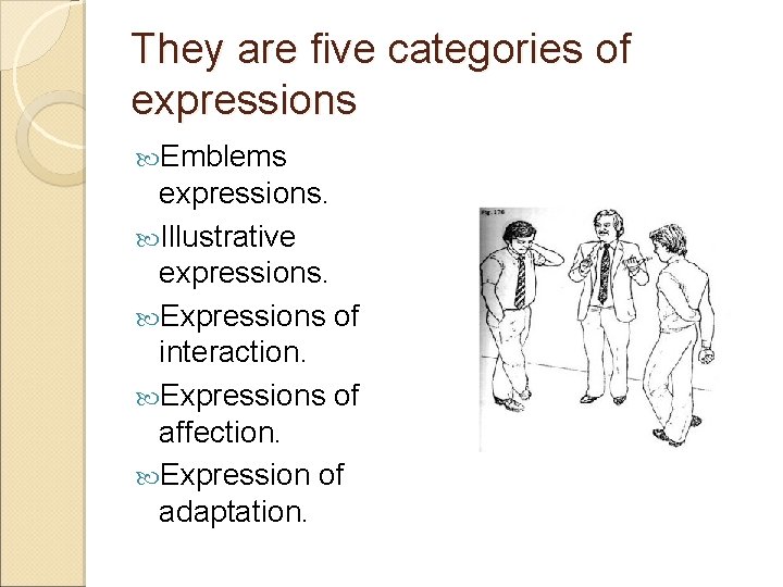 They are five categories of expressions Emblems expressions. Illustrative expressions. Expressions of interaction. Expressions They are five categories of expressions Emblems expressions. Illustrative expressions. Expressions of interaction. Expressions