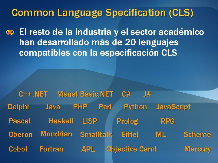 Common Language Specification (CLS) El resto de la industria y el sector académico han Common Language Specification (CLS) El resto de la industria y el sector académico han