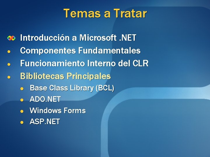 Temas a Tratar Introducción a Microsoft. NET Componentes Fundamentales Funcionamiento Interno del CLR Bibliotecas Temas a Tratar Introducción a Microsoft. NET Componentes Fundamentales Funcionamiento Interno del CLR Bibliotecas
