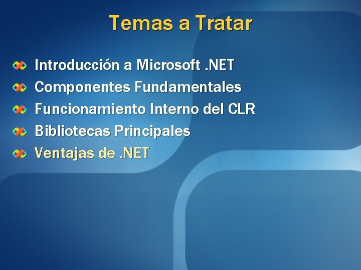 Temas a Tratar Introducción a Microsoft. NET Componentes Fundamentales Funcionamiento Interno del CLR Bibliotecas Temas a Tratar Introducción a Microsoft. NET Componentes Fundamentales Funcionamiento Interno del CLR Bibliotecas