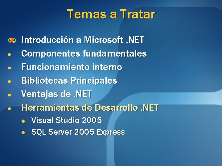 Temas a Tratar Introducción a Microsoft. NET Componentes fundamentales Funcionamiento interno Bibliotecas Principales Ventajas Temas a Tratar Introducción a Microsoft. NET Componentes fundamentales Funcionamiento interno Bibliotecas Principales Ventajas