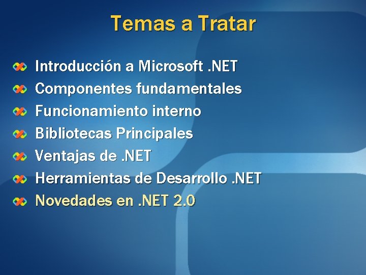 Temas a Tratar Introducción a Microsoft. NET Componentes fundamentales Funcionamiento interno Bibliotecas Principales Ventajas Temas a Tratar Introducción a Microsoft. NET Componentes fundamentales Funcionamiento interno Bibliotecas Principales Ventajas