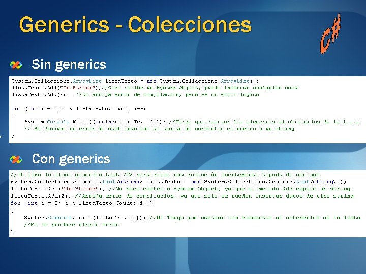Generics - Colecciones Sin generics Con generics Generics - Colecciones Sin generics Con generics