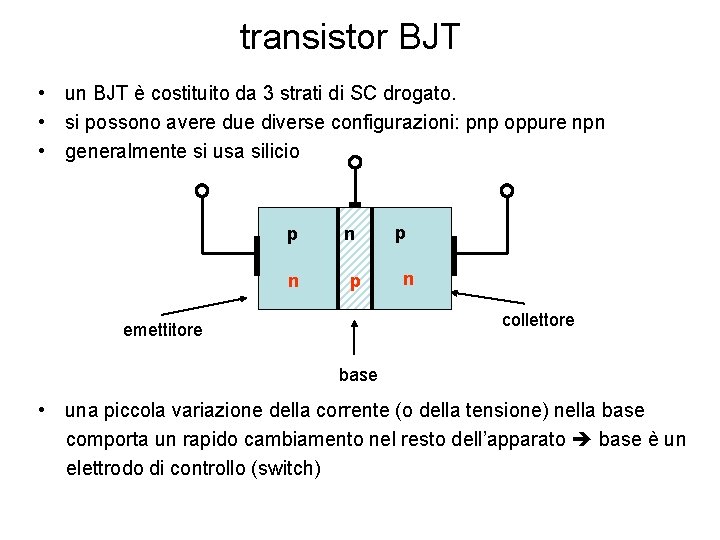 transistor BJT • un BJT è costituito da 3 strati di SC drogato. •