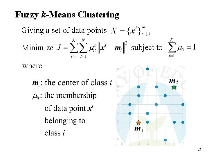 Fuzzy k-Means Clustering Giving a set of data points Minimize subject to where 24