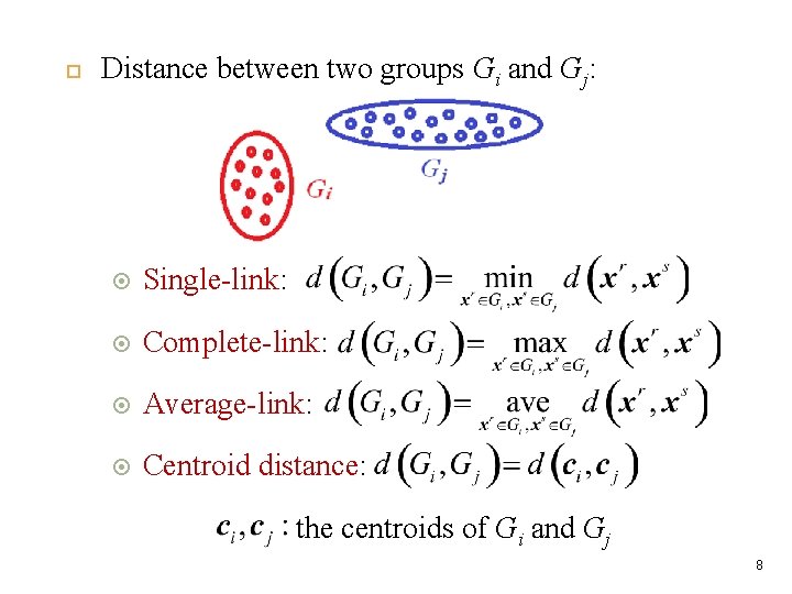  Distance between two groups Gi and Gj: Single-link: Complete-link: Average-link: Centroid distance: the