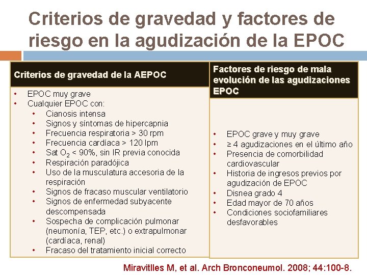 Criterios de gravedad y factores de riesgo en la agudización de la EPOC Criterios