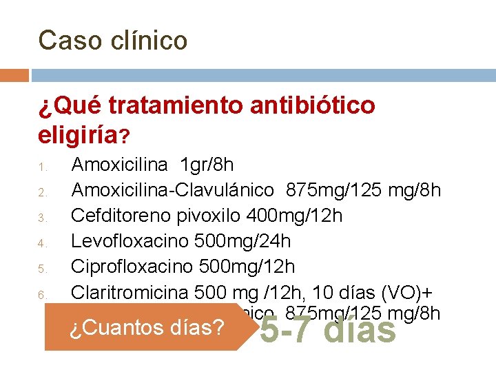 Caso clínico ¿Qué tratamiento antibiótico eligiría? 1. 2. 3. 4. 5. 6. Amoxicilina 1