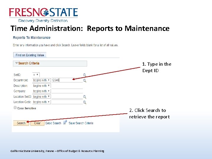 Time Administration: Reports to Maintenance 1. Type in the Dept ID 2. Click Search