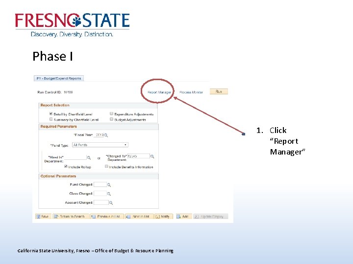 Phase I 1. Click “Report Manager” California State University, Fresno – Office of Budget