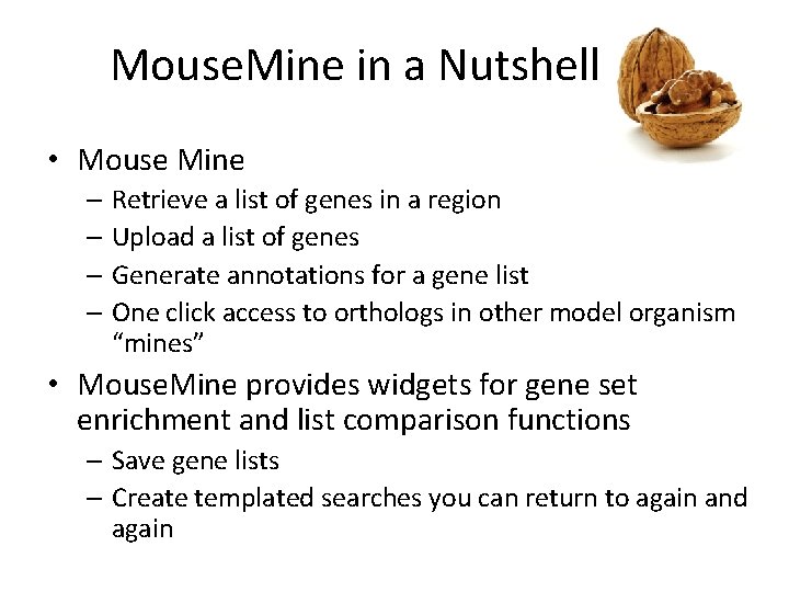 Mouse. Mine in a Nutshell • Mouse Mine – Retrieve a list of genes