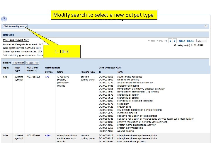 Modify search to select a new output type 1. Click 